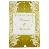 レトロ金ゴールドグリーンダマスクウェディングおめでとう ミディアムペーパーバッグ (正面)