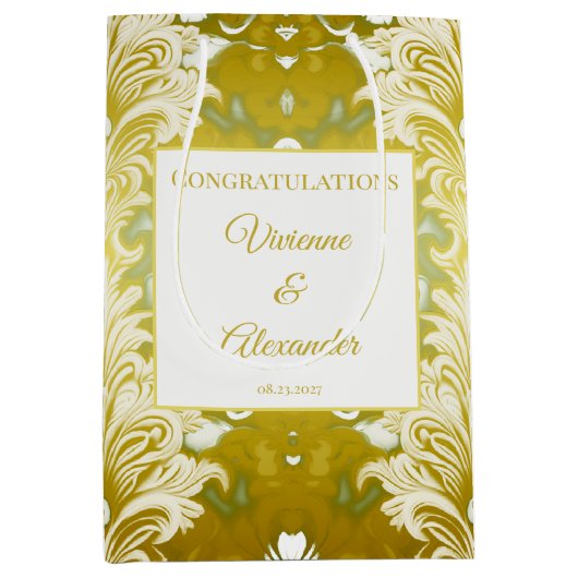 レトロ金ゴールドグリーンダマスクウェディングおめでとう ミディアムペーパーバッグ (正面)