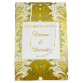 レトロ金ゴールドグリーンダマスクウェディングおめでとう ミディアムペーパーバッグ (裏面)