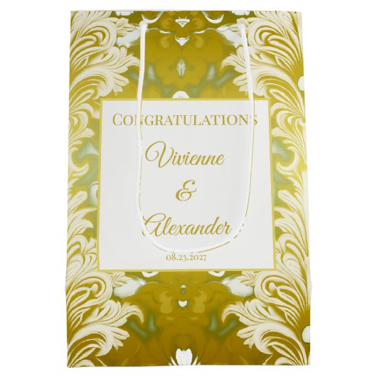 レトロ金ゴールドグリーンダマスクウェディングおめでとう ミディアムペーパーバッグ (裏面)