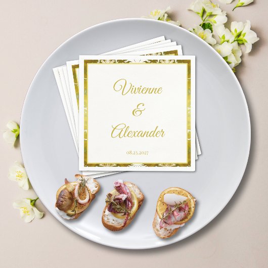 レトロ金ゴールドグリーンダマスクウェディングカクテル スタンダードカクテルナプキン