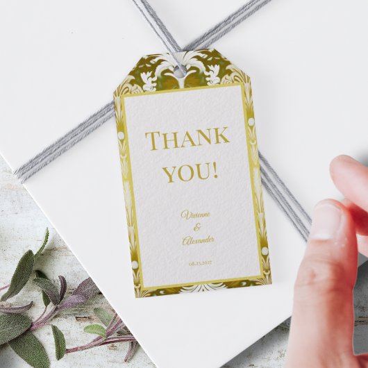 レトロ金ゴールドグリーンダマスクウェディングサンキューサンキュー ギフトタグ