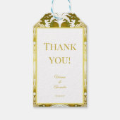 レトロ金ゴールドグリーンダマスクウェディングサンキューサンキュー ギフトタグ (正面)