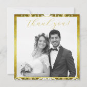 レトロ金ゴールドグリーンダマスクウェディングフォト サンキューカード (裏面)