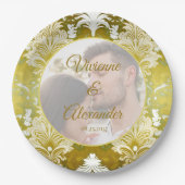 レトロ金ゴールドグリーンダマスクウェディングフォト ペーパープレート (正面)