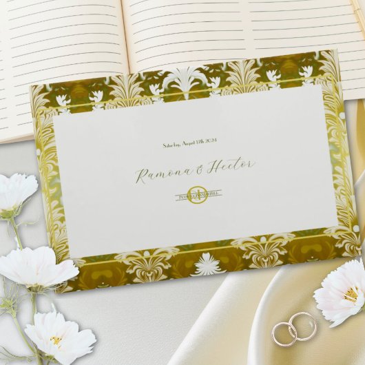 レトロ金ゴールドグリーンダマスクウェディングモノグラム ゲストブック