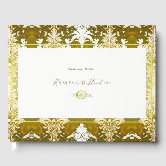 レトロ金ゴールドグリーンダマスクウェディングモノグラム ゲストブック (正面)