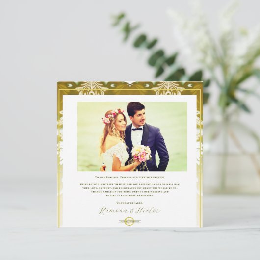 レトロ金ゴールドグリーンダマスクウェディング サンキューカード (スタンド正面)