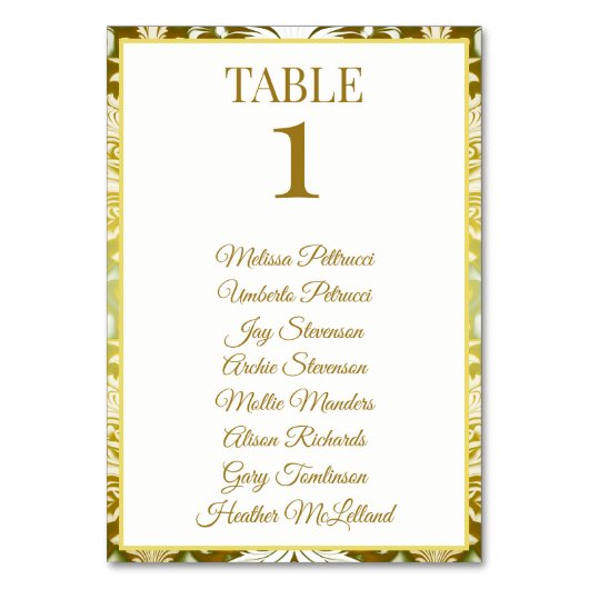レトロ金ゴールドグリーンダマスクウェディング テーブルナンバー (正面)