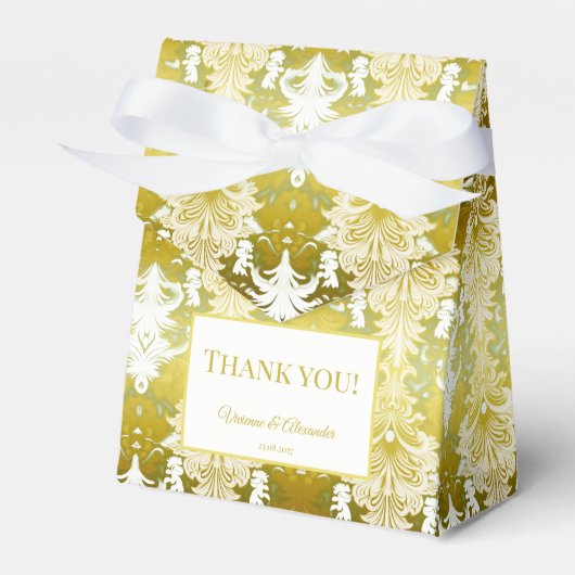 レトロ金ゴールドグリーンダマスクウェディング フェイバーボックス (正面サイド)