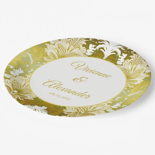 レトロ金ゴールドグリーンダマスクウェディング ペーパープレート (アングル)