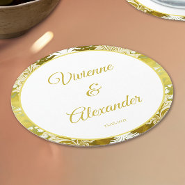 レトロ金ゴールドグリーンダマスクウェディング ラウンドペーパーコースター