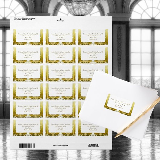 レトロ金ゴールドグリーンダマスクウェディング ラベル