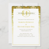 レトロ金ゴールドグリーンダマスクウェディング 招待状 (正面)