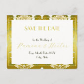 レトロ金ゴールドグリーンダマスク日付の保存 案内ポストカード (正面)