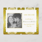 レトロ金ゴールドグリーンダマスク日付の保存 案内ポストカード (正面)