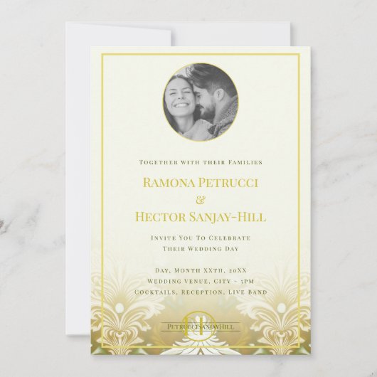 レトロ金ゴールドグリーンダマスク1フォト結婚ズ 招待状 (正面)