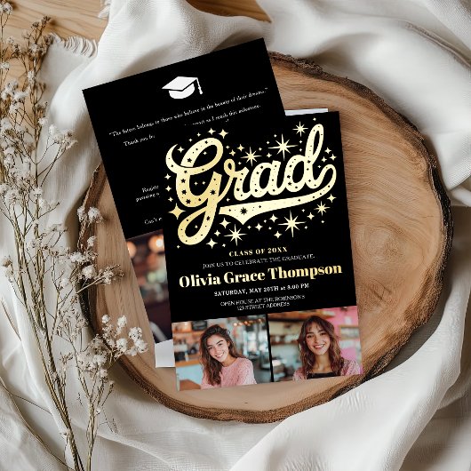 レトロ金ゴールドスクリプトスターズ3-Photo卒業パーティー 箔招待状