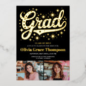 レトロ金ゴールドスクリプトスターズ3-Photo卒業パーティー 箔招待状 (正面)