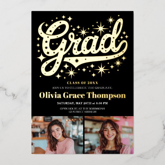 レトロ金ゴールドスクリプトスターズ3-Photo卒業パーティー 箔招待状 (正面)