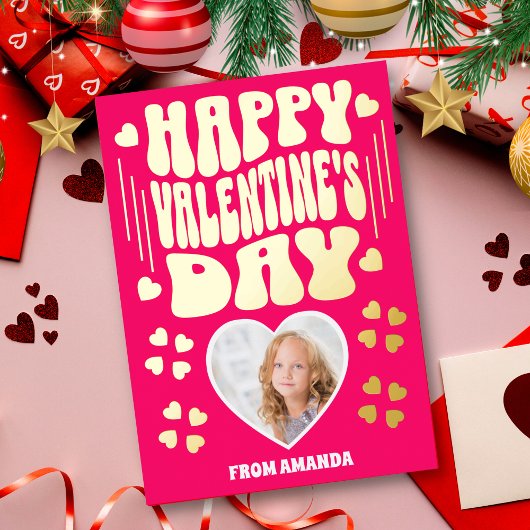レトロ金ゴールドハッピーバレンタインデーキッズフォトカード 箔シーズンカード