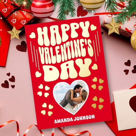 レトロ金ゴールドハッピーバレンタインデーフォトカード 箔シーズンカード