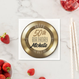 レトロ金ゴールドブラックビニールレコード50th誕生日パーティー スタンダードカクテルナプキン