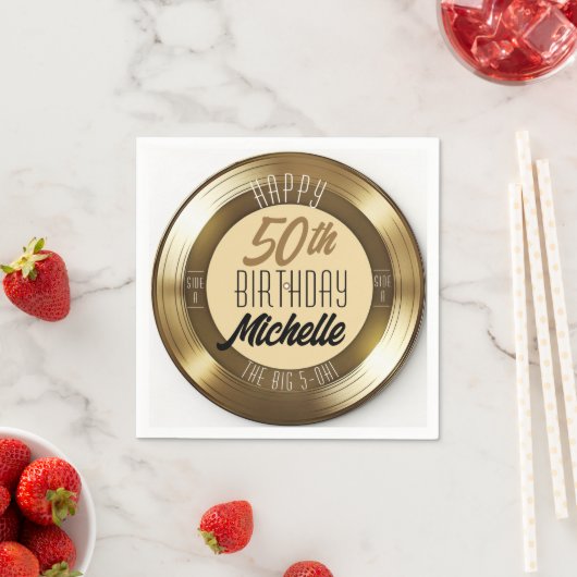 レトロ金ゴールドブラックビニールレコード50th誕生日パーティー スタンダードカクテルナプキン (インサイチュ)