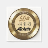 レトロ金ゴールドブラックビニールレコード50th誕生日パーティー スタンダードカクテルナプキン (正面)