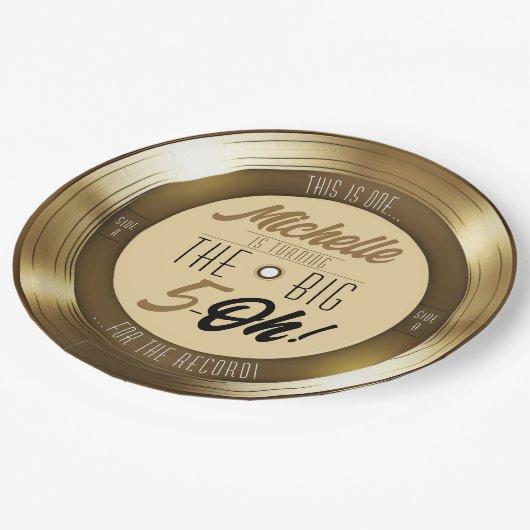 レトロ金ゴールドブラックビニールレコード50th誕生日パーティー ペーパープレート (アングル)