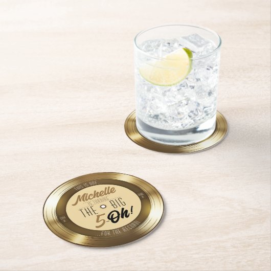 レトロ金ゴールドブラックビニールレコード50th誕生日パーティー ラウンドペーパーコースター (インサイチュ)