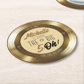 レトロ金ゴールドブラックビニールレコード50th誕生日パーティー ラウンドペーパーコースター (アングル)