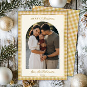 レトロ金ゴールドプレイドアーチフォトメリークリスマス シーズンカード