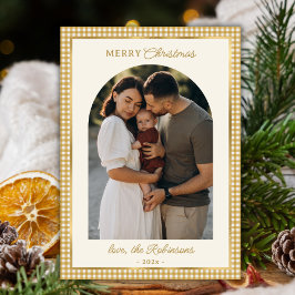 レトロ金ゴールドプレイドアーチフォトメリークリスマス シーズンカード