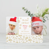 レトロ金ゴールドミッテンス新生児フォトクリスマス 招待状 (スタンド正面)