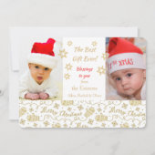 レトロ金ゴールドミッテンス新生児フォトクリスマス 招待状 (正面)