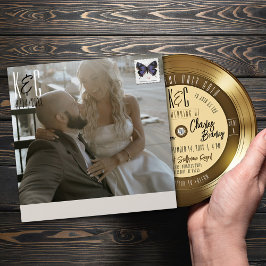 レトロ金ゴールドレコード写真結婚式招待状 封筒