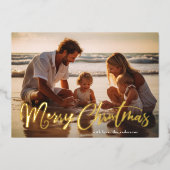 レトロ金ゴールドレタリングメリークリスマスフォト 箔シーズンカード (正面)