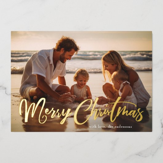 レトロ金ゴールドレタリングメリークリスマスフォト 箔シーズンカード (正面)