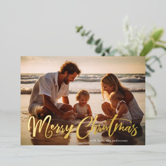 レトロ金ゴールドレタリングメリークリスマスフォト 箔シーズンカード (立ち正面)