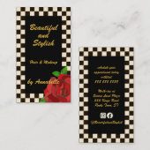 レトロ金ゴールド白黒チェスボードレッドローズ 名刺 (正面/裏面)