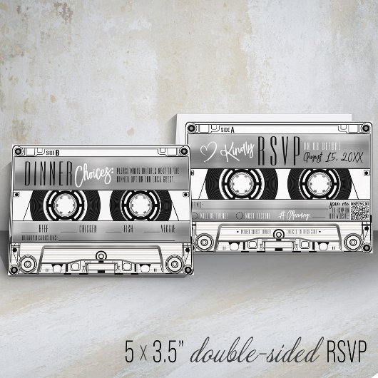 レトロ銀カセットテープ結婚式招待状RSVP 出欠カード