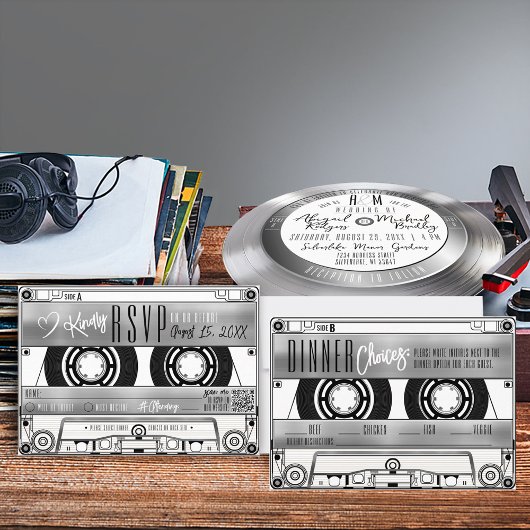 レトロ銀カセットテープ結婚式招待状RSVP 出欠カード