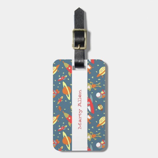 レトロ銀河系宇宙ロケットと宇宙飛行士 ラゲッジタグ (正面縦)