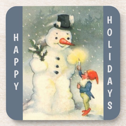 レトロ雪だるまと小妖精や小人クリスマス コースター (正面)