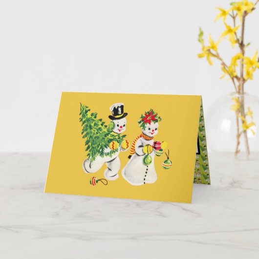 レトロ雪だるまクリスマス カード (黄色い花)