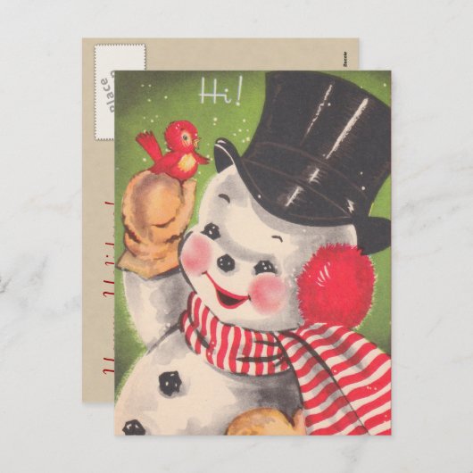 レトロ雪だるまクリスマス シーズンポストカード (正面/裏面)