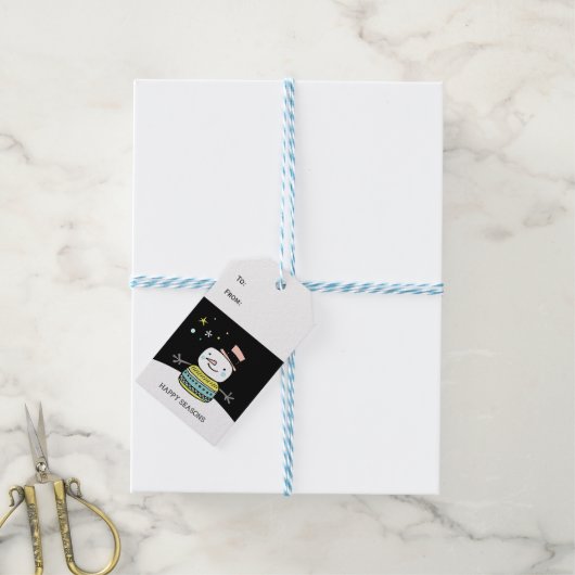 レトロ雪だるまハッピーシーズンクリスマス ギフトタグ (より糸付き)