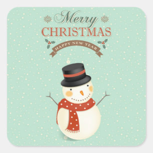 レトロ雪だるまハッピーニューイヤーメリークリスマス スクエアシール