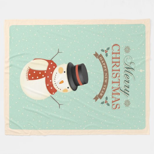 レトロ雪だるまハッピーニューイヤーメリークリスマス フリースブランケット (正面(横))